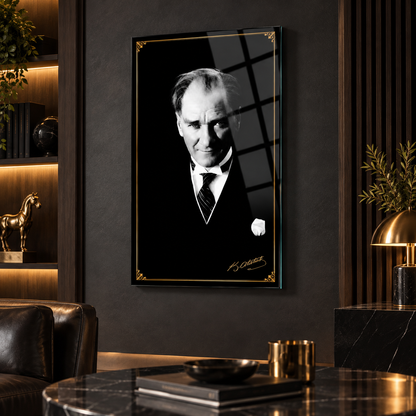 Atatürk portresi gold detaylı CAMDEKO cam tablo koyu tonlu makam ve ofis dekorasyonu