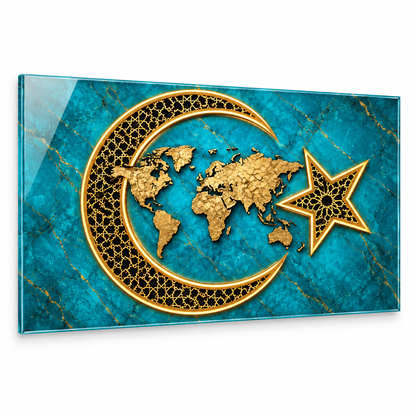 Turkuaz Gold Hilal Yıldız Dünya Haritası CAMDEKO yatay cam tablo beyaz arka zemin ana ürün görseli