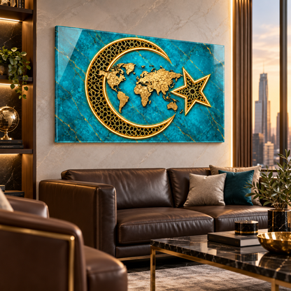 Turkuaz Gold Hilal Yıldız Dünya Haritası CAMDEKO yatay cam tablo premium ofis ve lounge uygulaması
