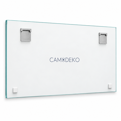 CAMDEKO yatay cam tablo beyaz arka yüz iki çelik askı aparatı ve iki beyaz tampon detayı