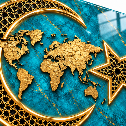 Turkuaz Gold Hilal Yıldız Dünya Haritası CAMDEKO gold dünya haritası ve hilal yıldız yakın detay görseli