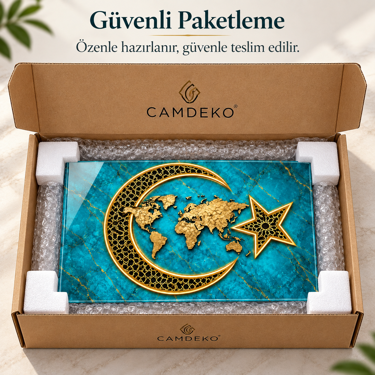 Turkuaz Gold Hilal Yıldız Dünya Haritası CAMDEKO cam tablo Türkçe açıklamalı güvenli paketleme görseli