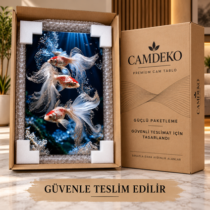Üç Japon Balığı CAMDEKO cam tablo Türkçe açıklamalı güçlü paketleme ve güvenli teslimat görseli