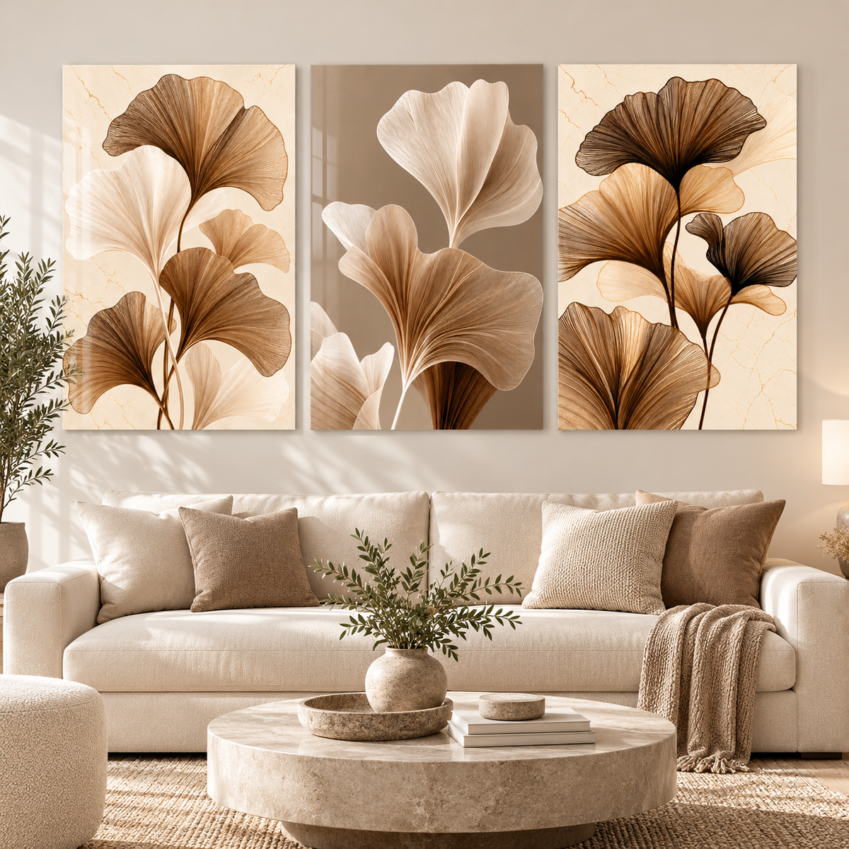 Bronz Krem Ginkgo Yaprakları Üçlü Cam Tablo - 2