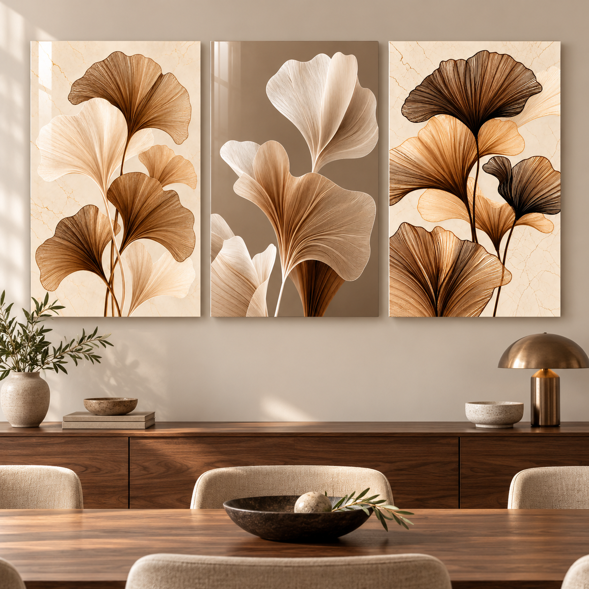 Bronz Krem Ginkgo Yaprakları Üçlü Cam Tablo - 3