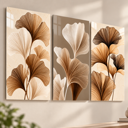 Bronz Krem Ginkgo Yaprakları Üçlü Cam Tablo - 6