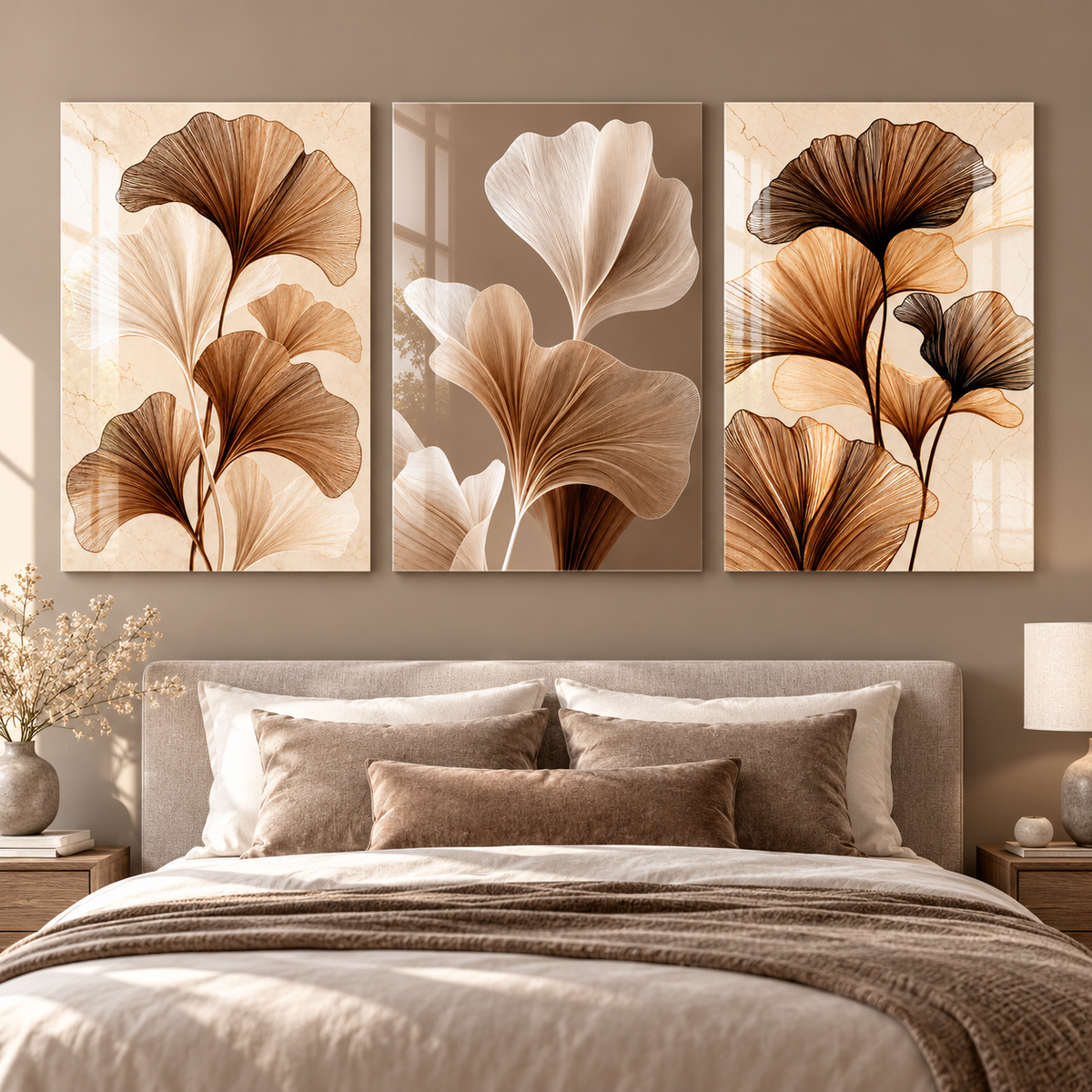 Bronz Krem Ginkgo Yaprakları Üçlü Cam Tablo - 10