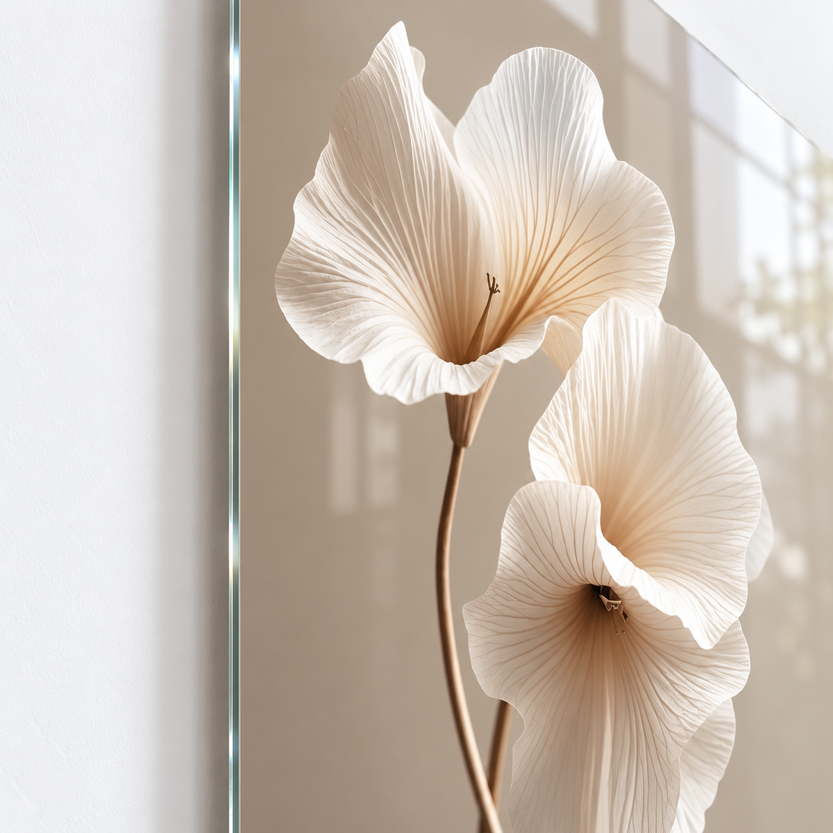 Krem Çiçek ve Yapraklar Üçlü Cam Tablo – Duvar mesafesi ve yan görünüm