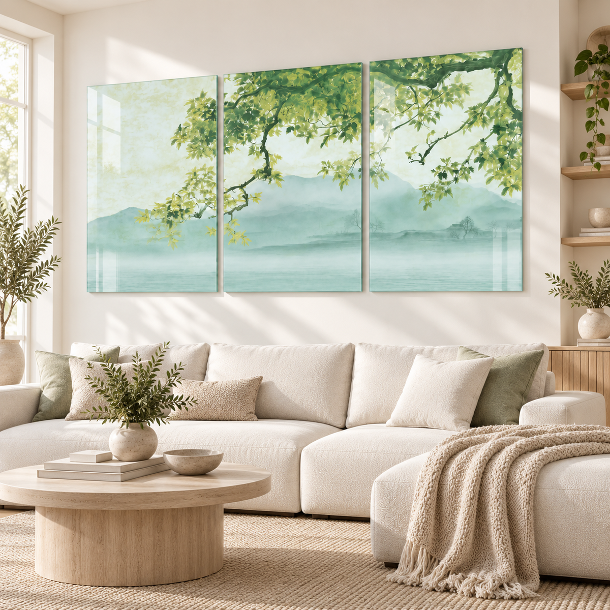Yeşil Yapraklar ve Sisli Göl Manzarası – Üçlü Dikey Cam Tablo Seti – 2. görsel