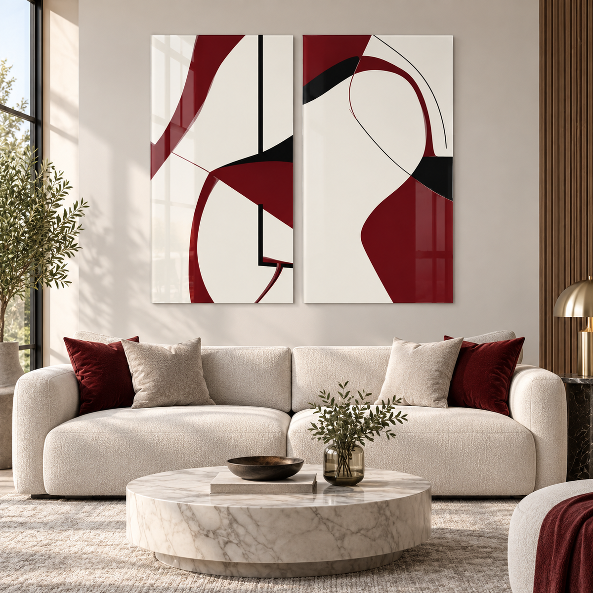 Bordo Siyah Minimal Soyut Dikey 2'li Set Cam Tablo - salon