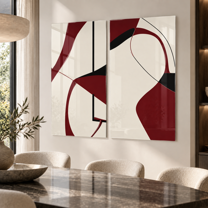 Bordo Siyah Minimal Soyut Dikey 2'li Set Cam Tablo - yemek alanı