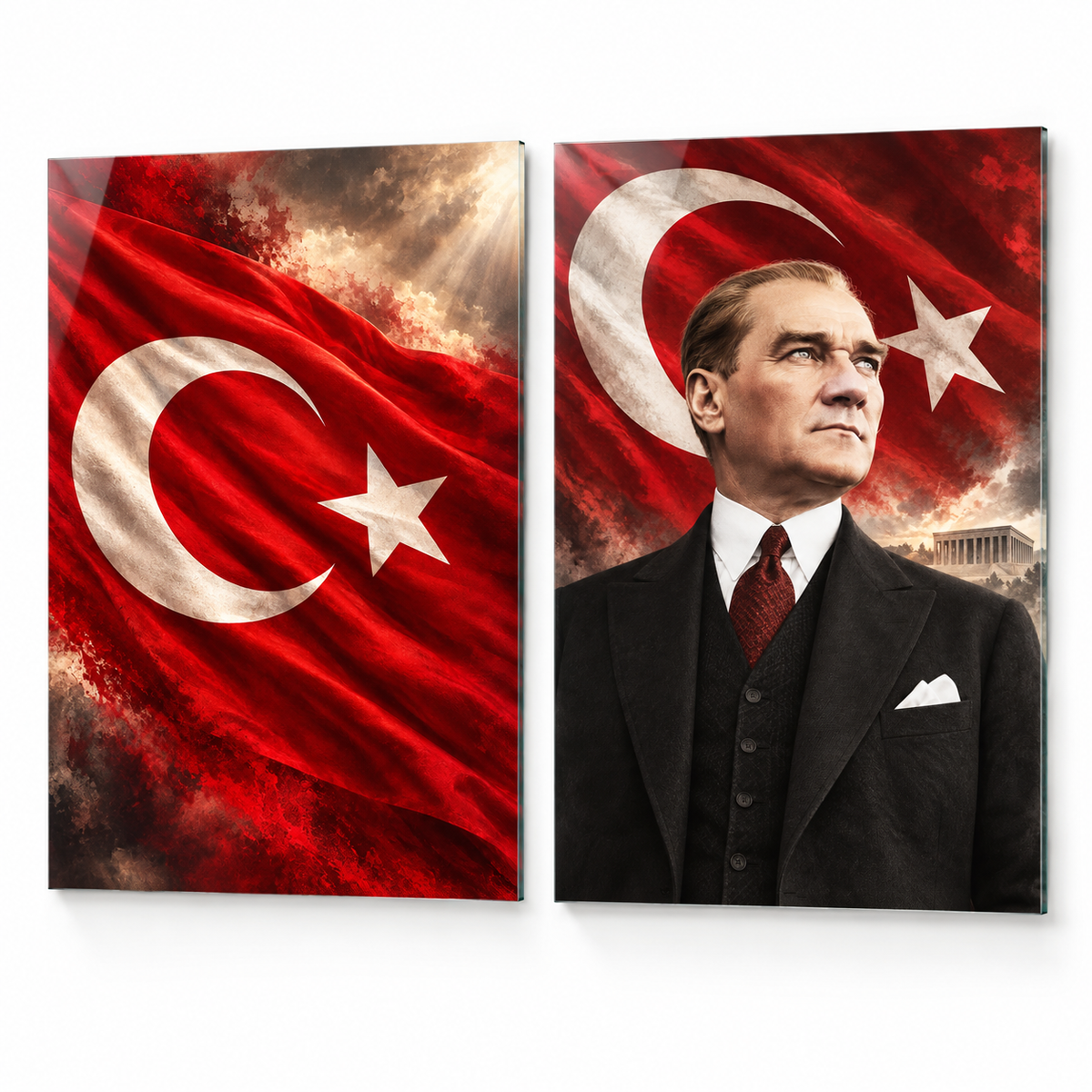 Türk bayrağı ve Atatürk dikey ikili cam tablo beyaz zemin vitrin