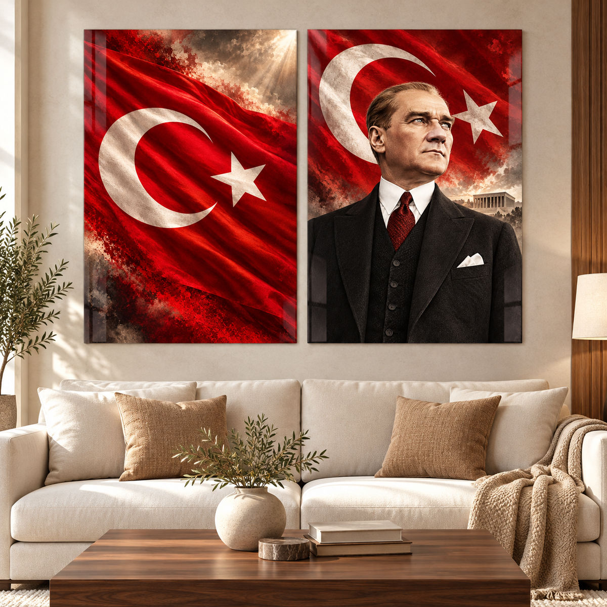 Türk bayrağı ve Atatürk ikili cam tablo salon görünümü