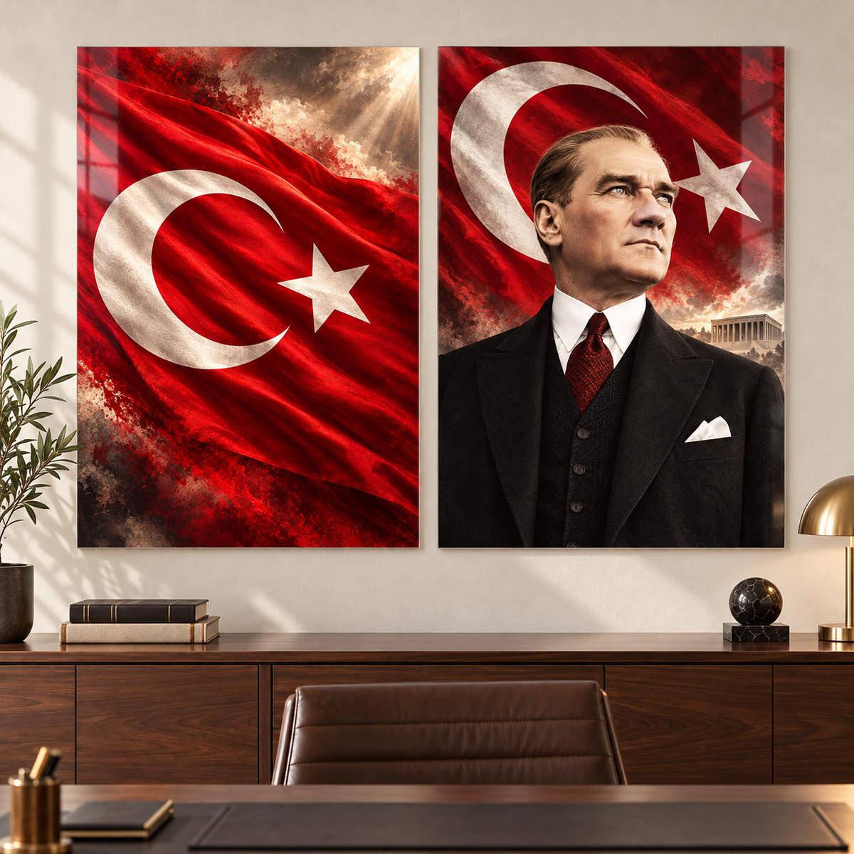 Atatürk ve Türk bayrağı ikili set ofis görünümü