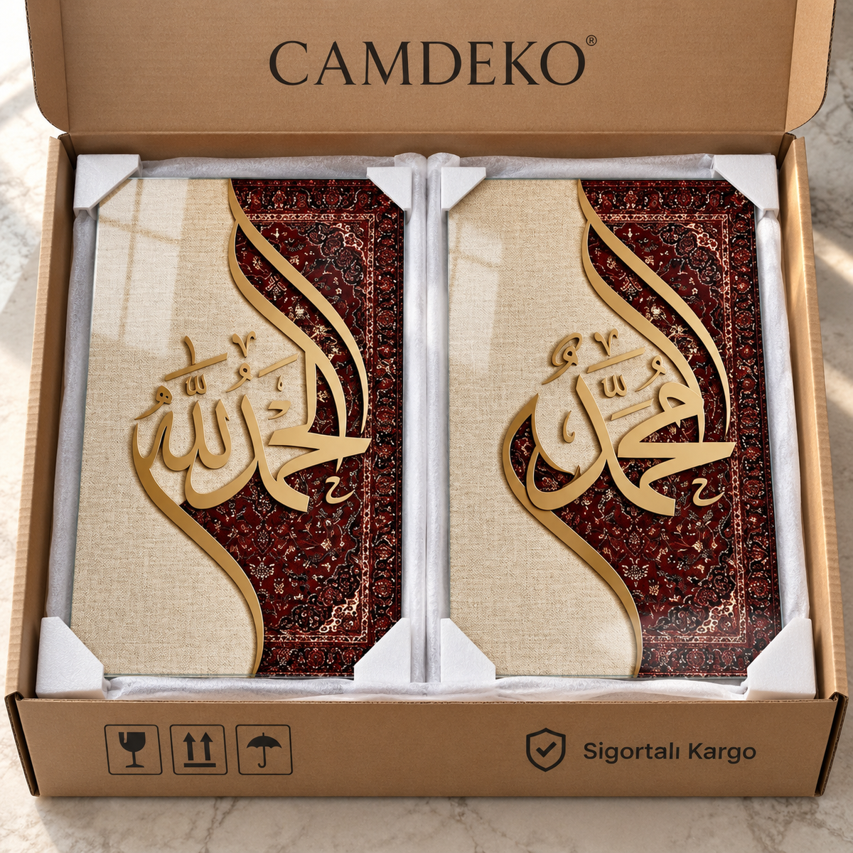 Bordo Bej Allah Muhammed Hatlı Dikey İkili Cam Tablo - CAMDEKO güvenli paketleme