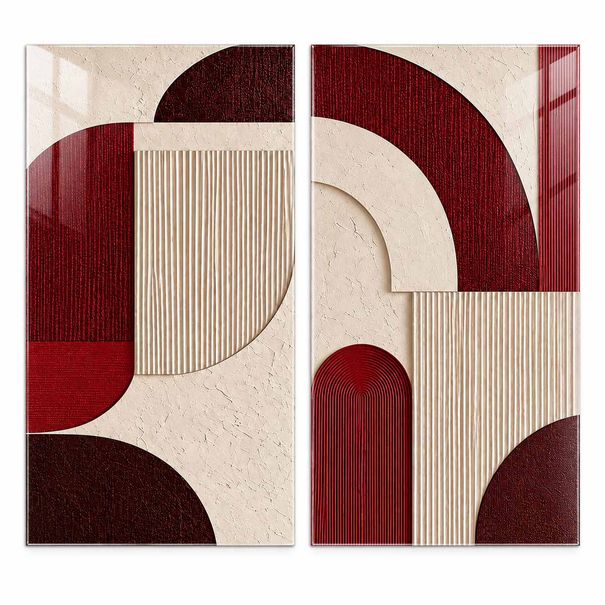 Bordo Krem Geometrik Dikey 2'li Set Cam Tablo - beyaz zemin