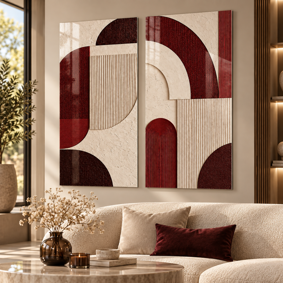 Bordo Krem Geometrik Dikey 2'li Set Cam Tablo - salon