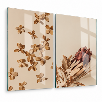 Bej Kahve Kurutulmuş Çiçekler Botanik Dikey 2'li Set Cam Tablo - hafif açılı vitrin