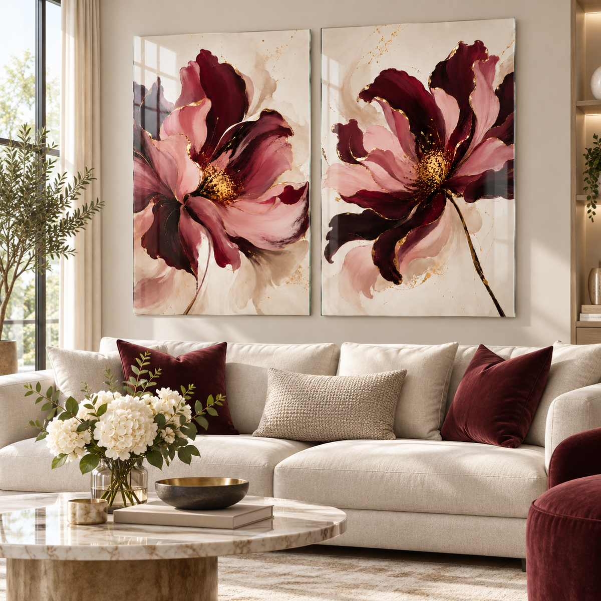 Bordo Pudra Gold Çiçekler Dikey 2'li Set Cam Tablo - premium salon