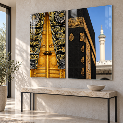 Kâbe temalı ikili cam tablo antre görünümü
