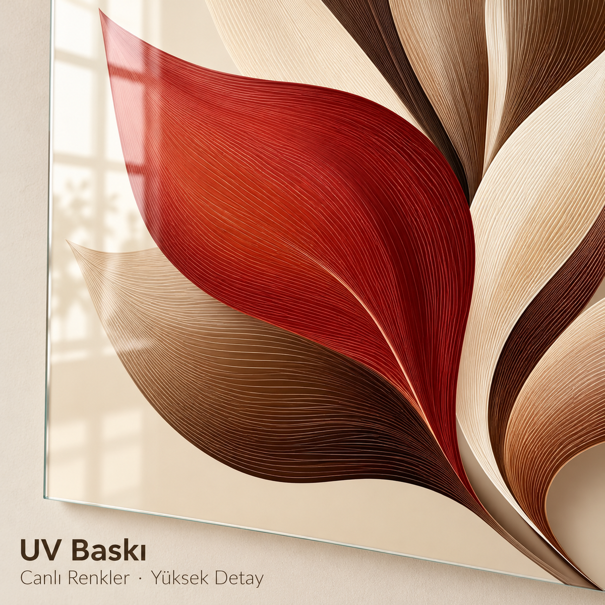 Kırmızı Kahverengi Yaprak Desenli İkili Cam Tablo - UV baskı detayı