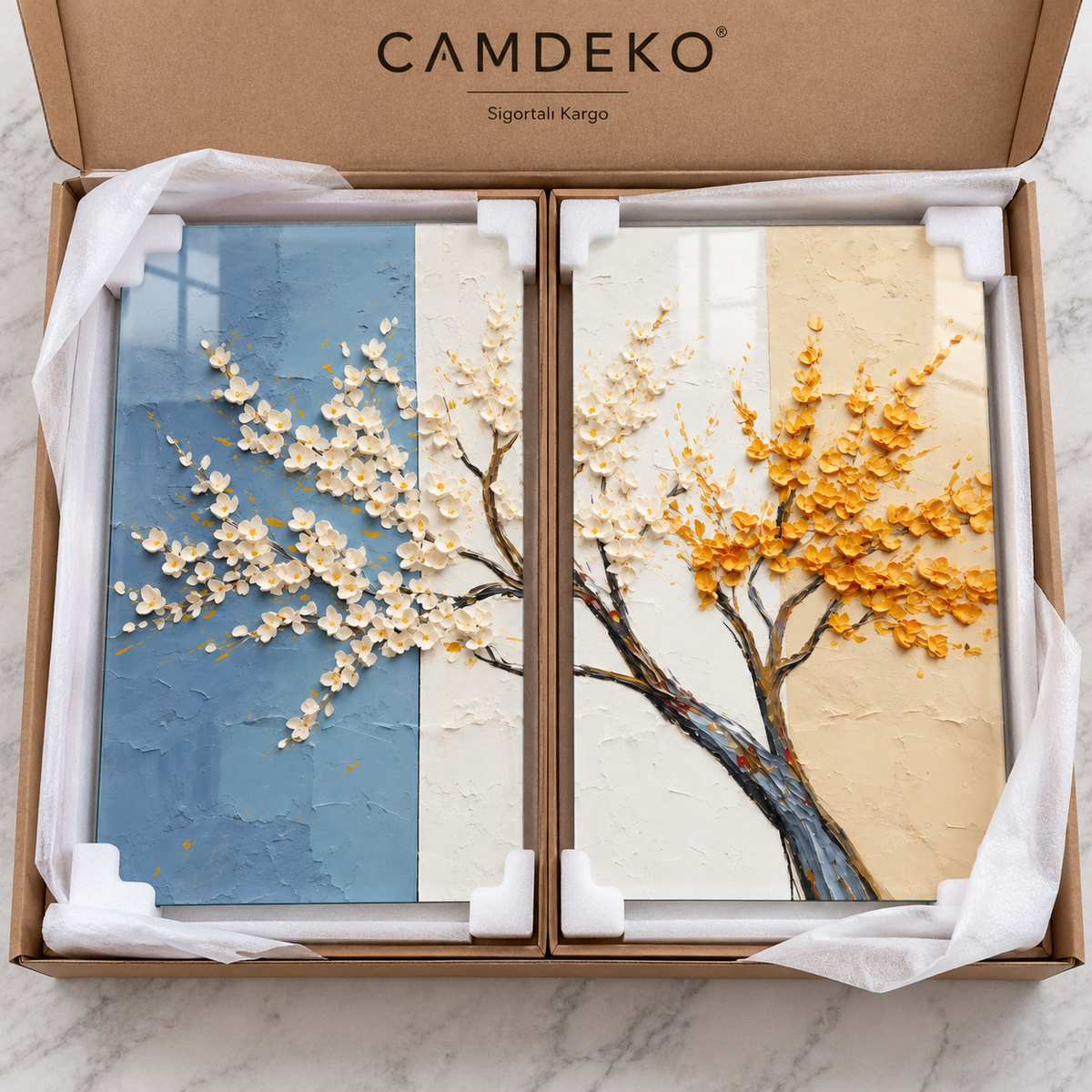 Mavi Krem Beyaz Sarı Çiçekli İkili Cam Tablo - Güvenli paketleme