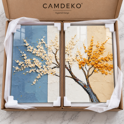 Mavi Krem Beyaz Sarı Çiçekli İkili Cam Tablo - Güvenli paketleme