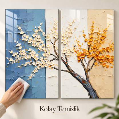 Mavi Krem Beyaz Sarı Çiçekli İkili Cam Tablo - Kolay temizlik