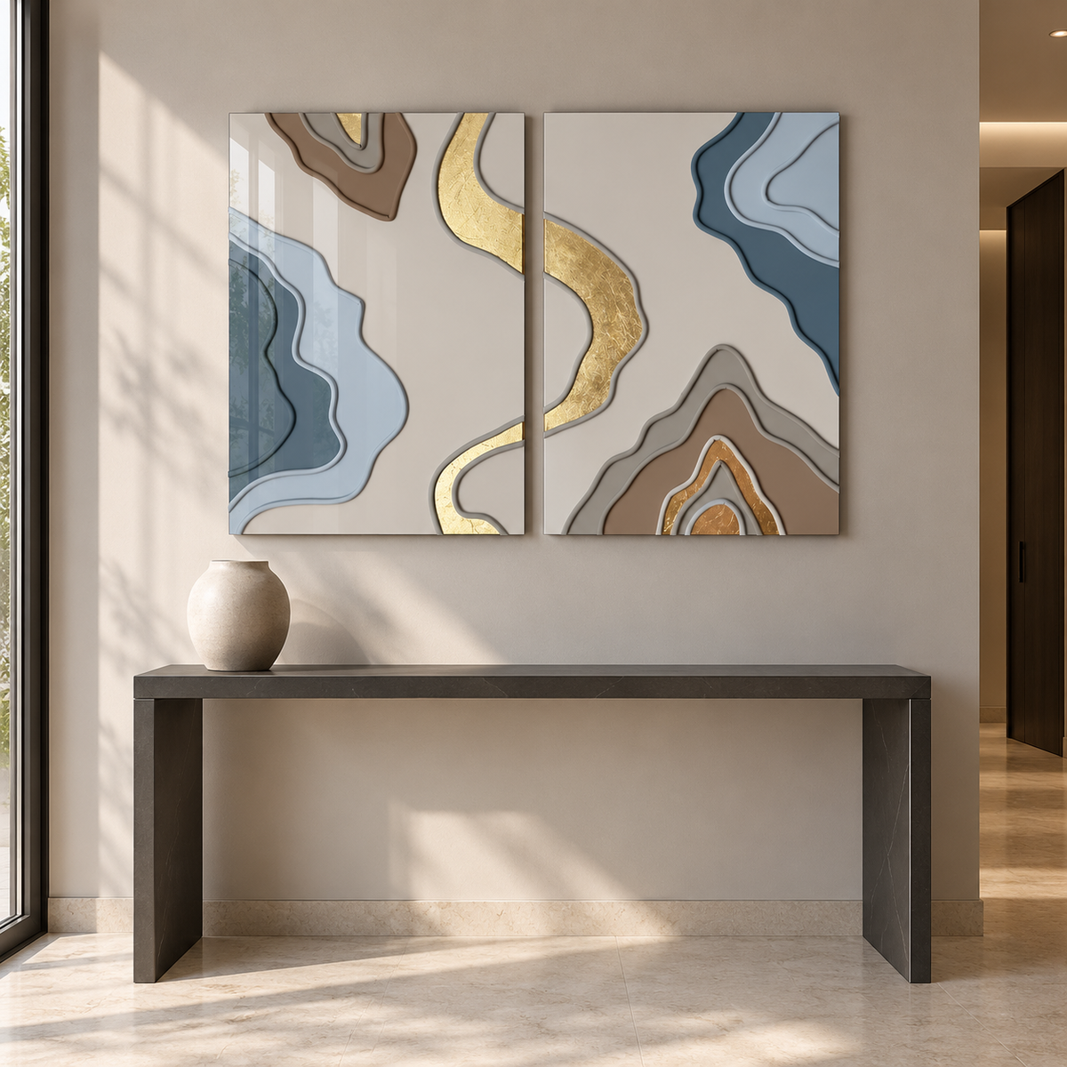 Mavi Bej Gold Soyut Dikey İkili Cam Tablo - Antre