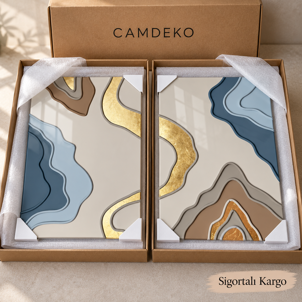 Mavi Bej Gold Soyut Dikey İkili Cam Tablo - Güvenli paketleme