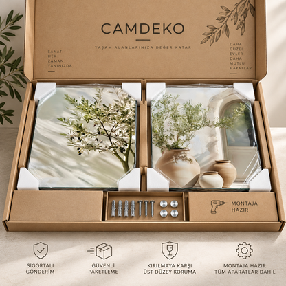 CAMDEKO ikili cam tablo güvenli kraft paketleme, köşe koruma ve sigortalı gönderim