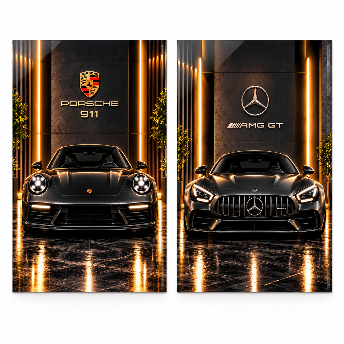 Porsche 911 ve Mercedes AMG GT ikili cam tablo vitrin