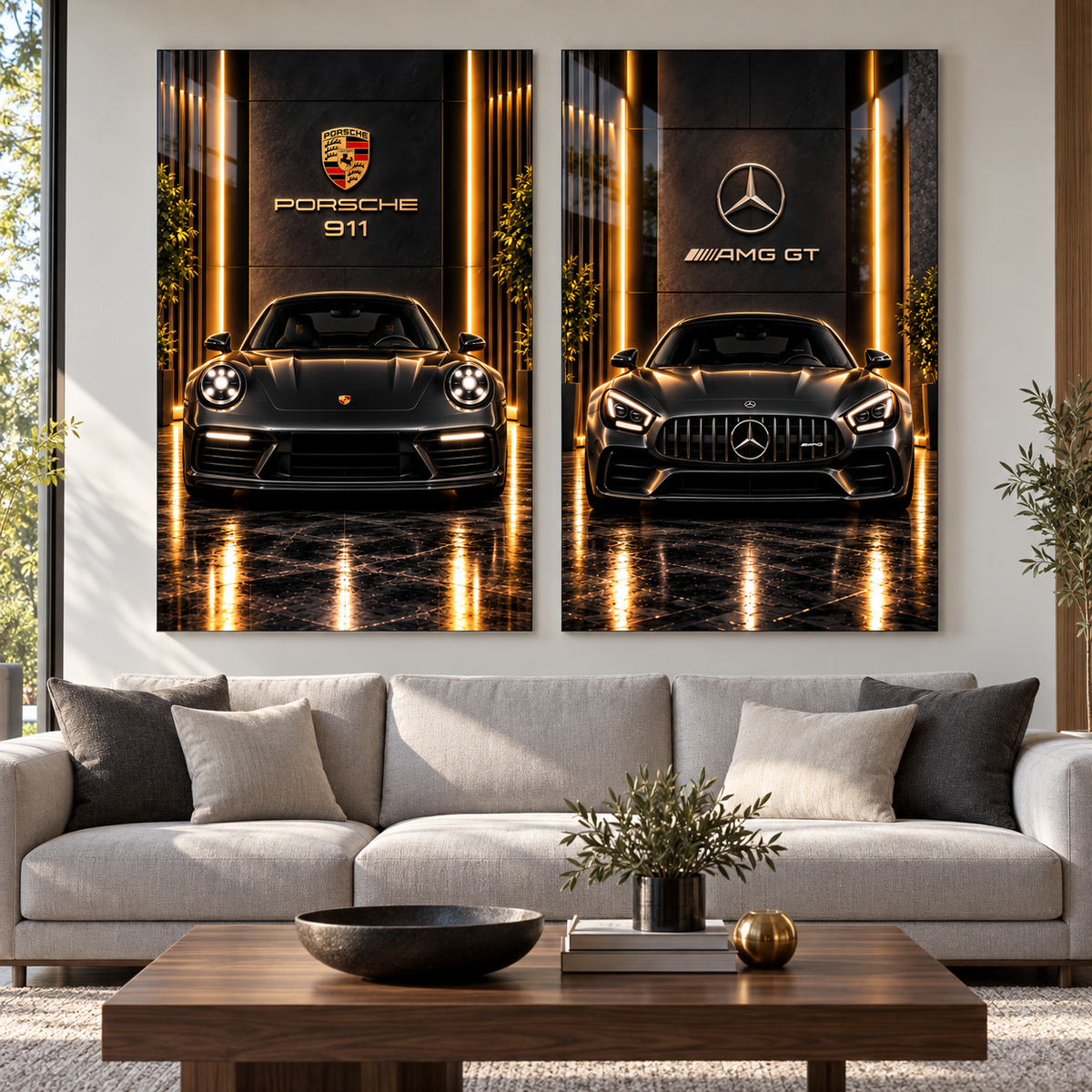 Porsche ve Mercedes ikili cam tablo salon görünümü