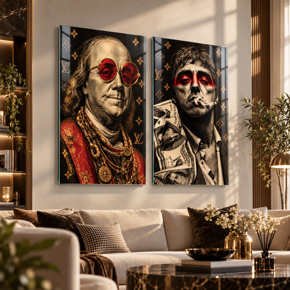 Siyah Gold Kırmızı Detaylı Portreler Dikey 2'li Set Cam Tablo – doğal gün ışığında salon görünümü