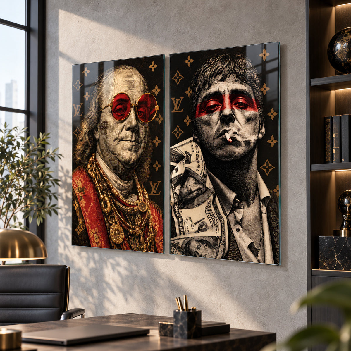 Siyah Gold Kırmızı Detaylı Portreler Dikey 2'li Set Cam Tablo – modern ofiste çerçevesiz ikili cam tablo