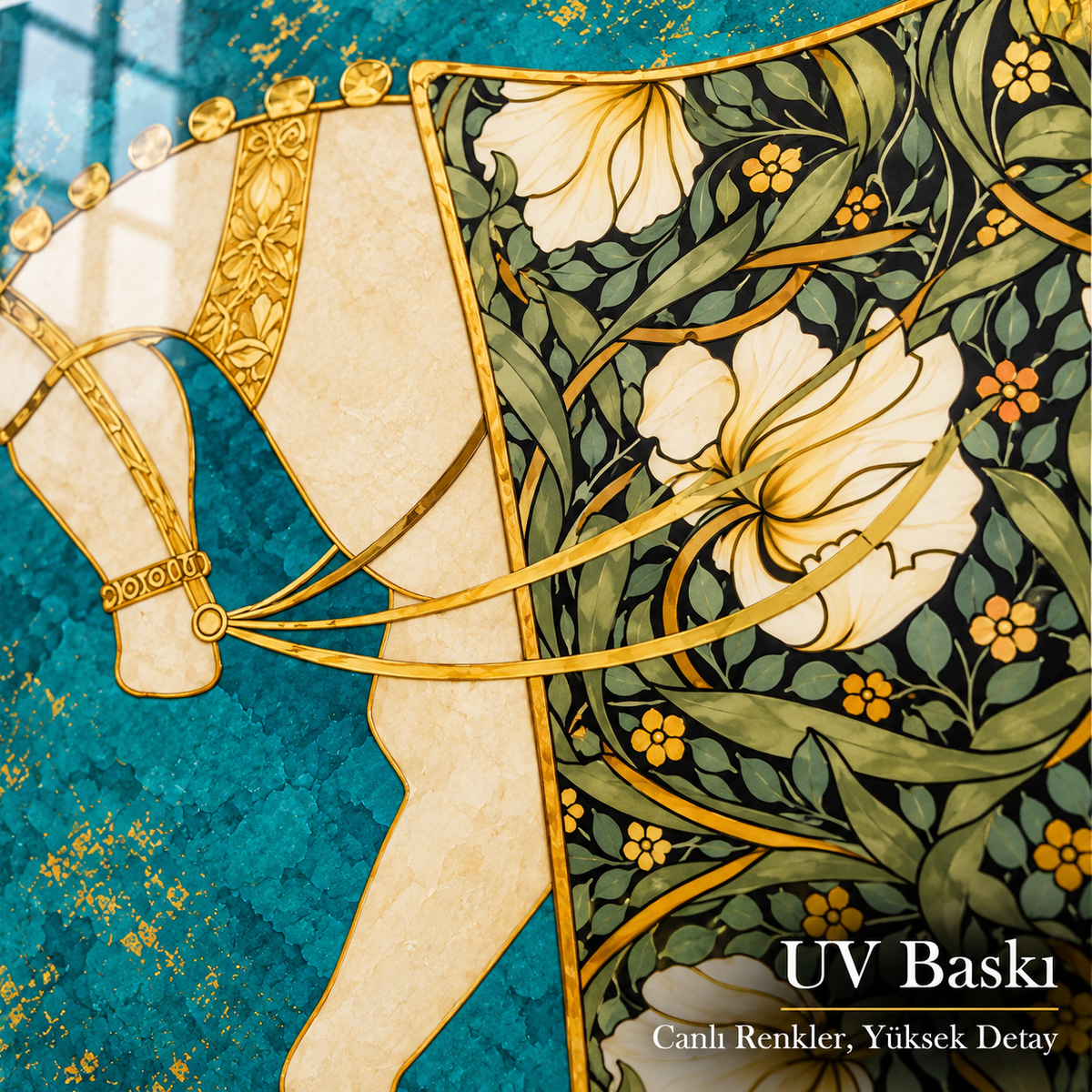 At desenli cam tabloda UV baskı detayı
