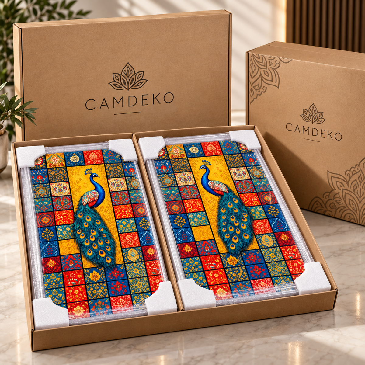 CAMDEKO tavus kuşlu ikili cam tablo seti – kraft kutular ve beyaz köşe koruyucularla güvenli paketleme