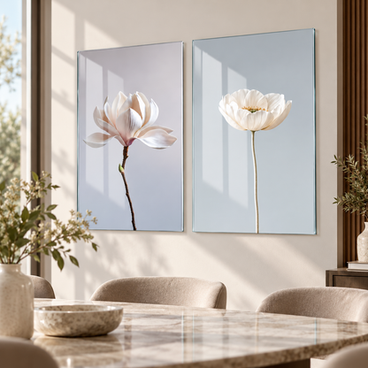 Beyaz Çiçekler Minimal Dikey 2'li Set Cam Tablo - premium yemek alanı