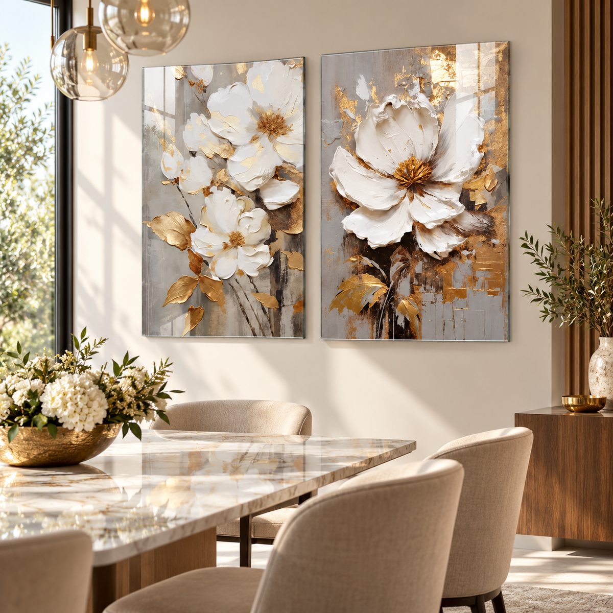 Beyaz Gold Çiçekler Dikey 2'li Set Cam Tablo - premium yemek alanı