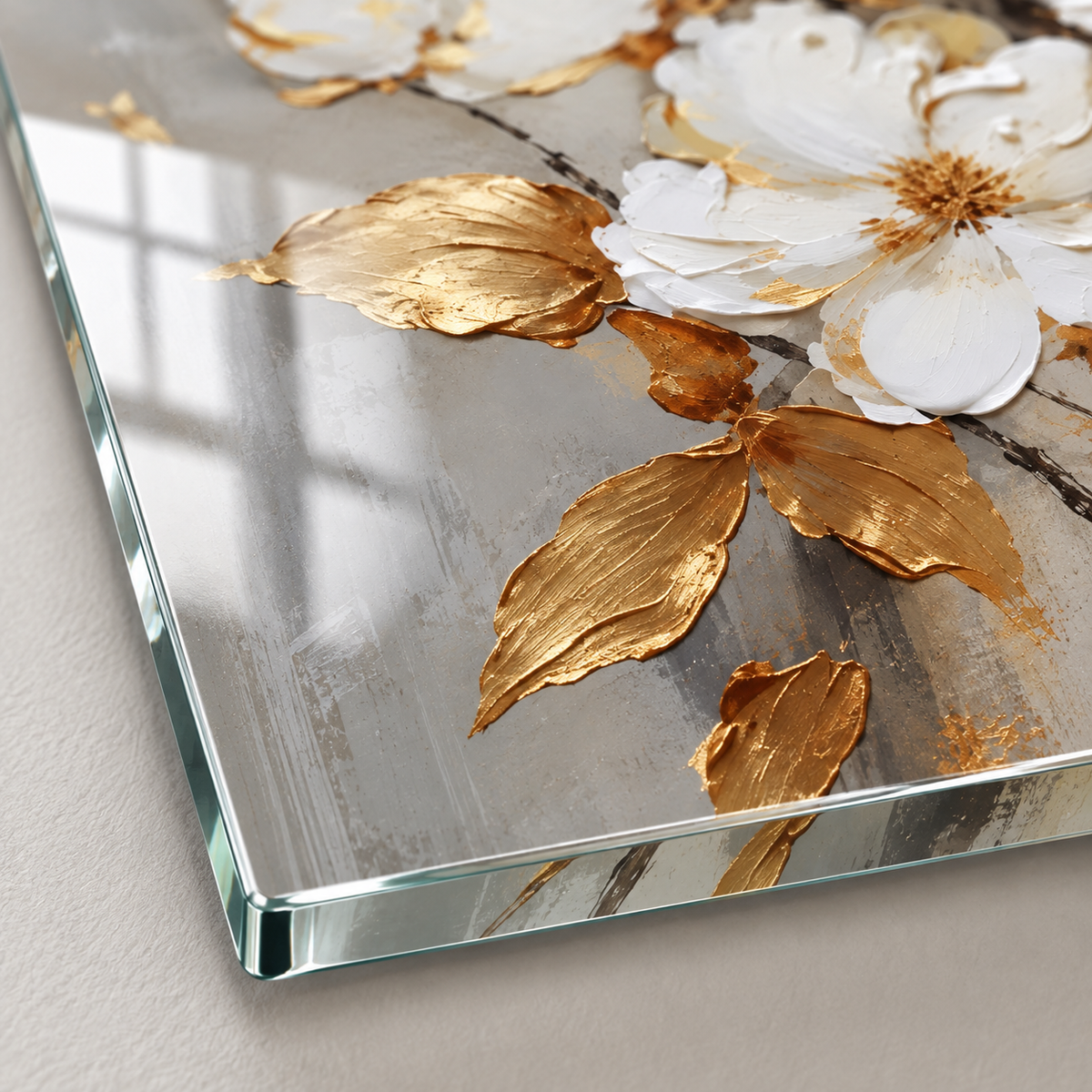 CAMDEKO UV baskı beyaz gold çiçek desen detayı