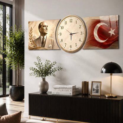Atatürk Türk Bayrağı Saatli Şekilli Kesim Saat Cam Saat