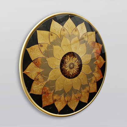 Gold Lotus Çiçeği Yuvarlak Cam Tablo