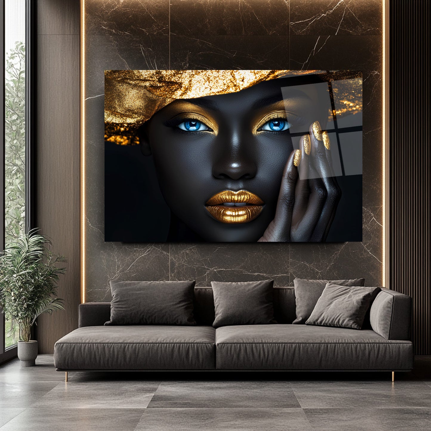 Gold Detay Afrikalı Kadın Cam Tablo