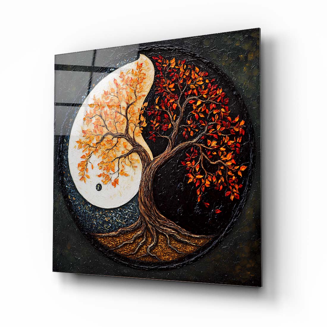 Yin Yang Hayat Ağacı Kare Cam Tablo