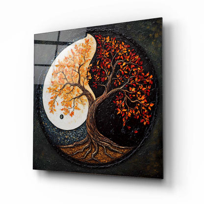 Yin Yang Hayat Ağacı Kare Cam Tablo