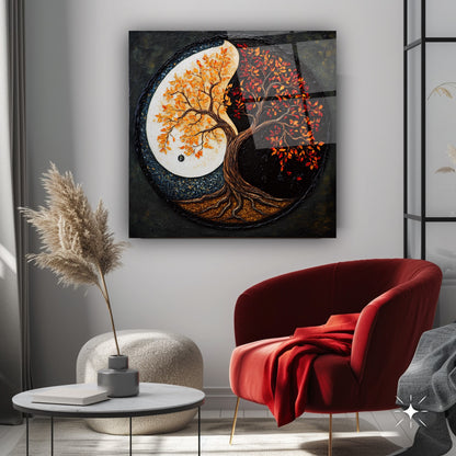 Yin Yang Hayat Ağacı Kare Cam Tablo