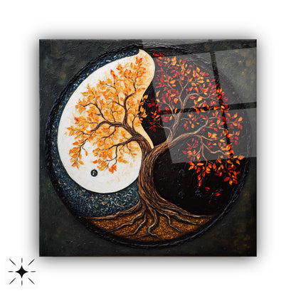 Yin Yang Hayat Ağacı Kare Cam Tablo