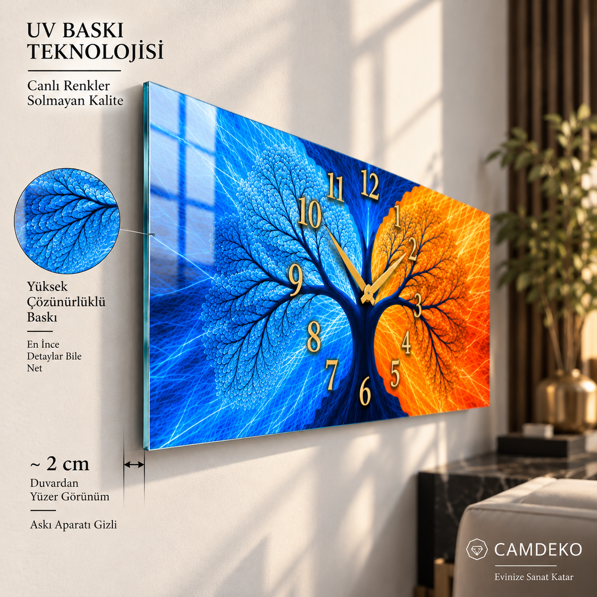 UV baskı ve yaklaşık 2 cm duvardan yüzer görünüm