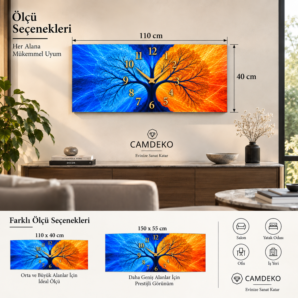 110x40 cm ve 150x55 cm panoramik cam duvar saati ölçü seçenekleri