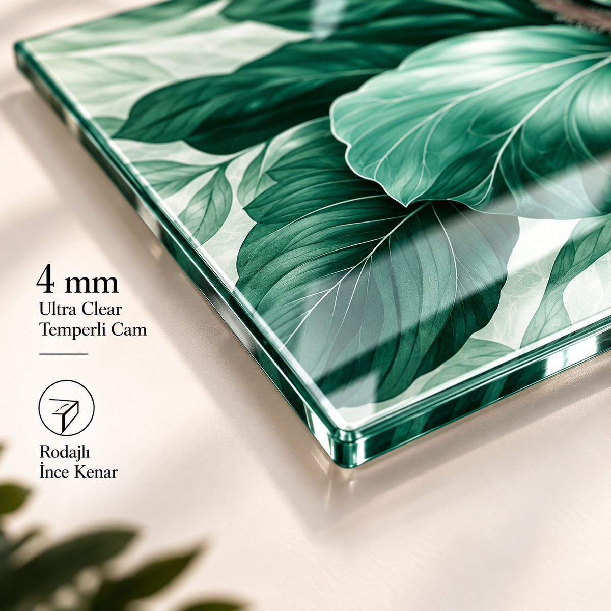 4 mm Ultra Clear temperli cam ve rodajlı ince kenar detayı